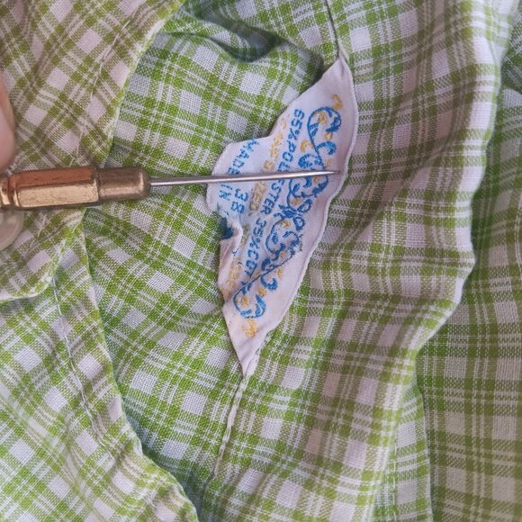 Large Vintage Green Plaid Short-Sleeve Ruffle Blouse Top With High Collar 1970's - Picture 4 of 7